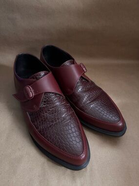 Dr Martens Ashland Burgundy Leather Monk Strap Crocodile Print Brogues. Size 14